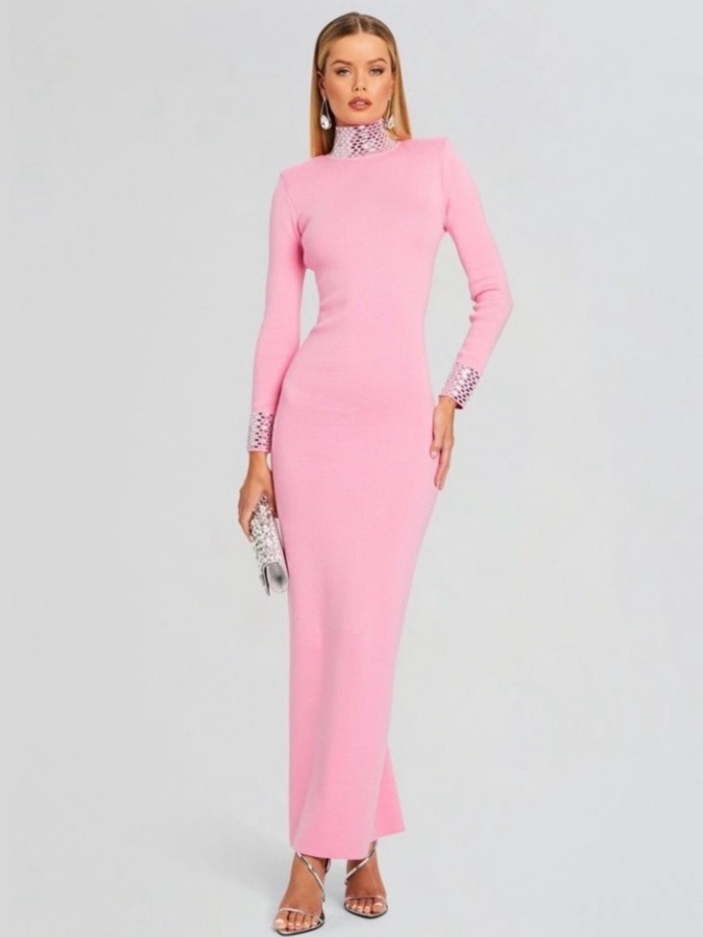 Form-Fitting Pink Long-Sleeve Maxi Dress with Embellished Neck and Cuffs